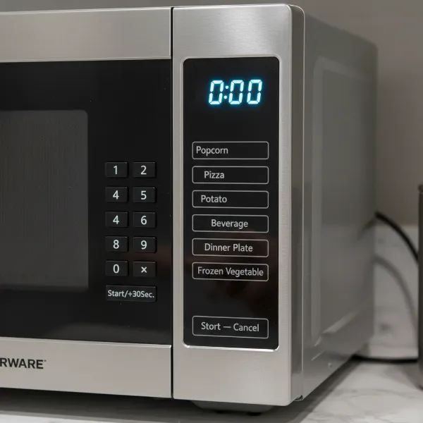 Close-up of Farberware Classic microwave control panel with LED display and tactile buttons.