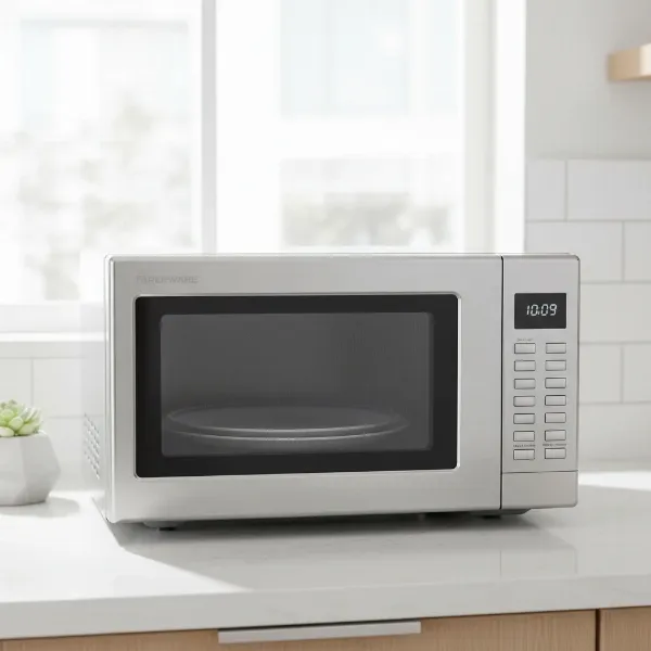 Farberware Classic 1.1 Cu. Ft. microwave oven in stainless steel on a modern kitchen counter.