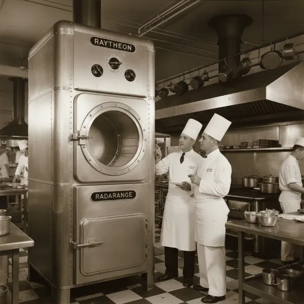 The original Radarange, a massive industrial microwave oven, in a commercial kitchen setting.