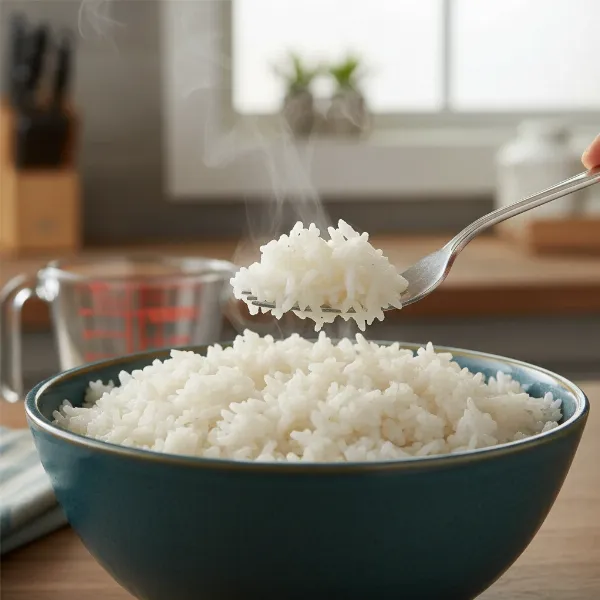 Perfectly cooked, fluffy white rice in a microwave-safe bowl, ready to be served.