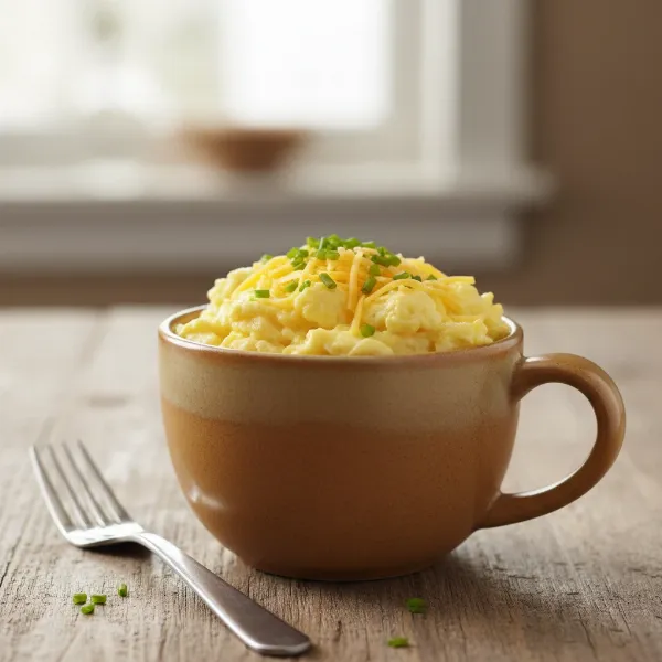 Fluffy microwave scrambled eggs in a mug, garnished with melted cheese and fresh chives, ready to eat.