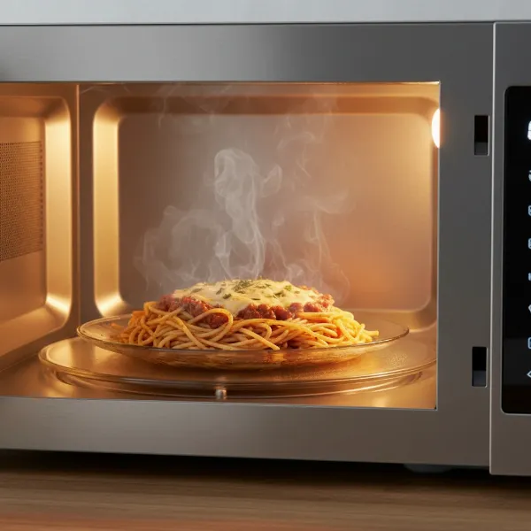Food item rotating on a glass turntable inside a microwave oven, illustrating even heating and defrosting.