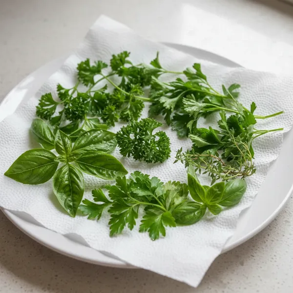Fresh herbs like basil and parsley arranged on paper towels on a microwave-safe plate, ready for drying.