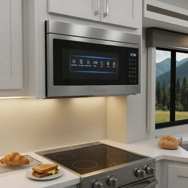Furrion RV convection microwave performing multiple cooking functions for versatile meals.