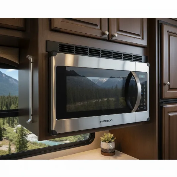 Durable Furrion over-the-range microwave installed in an RV kitchen, highlighting VibrationSmart technology.