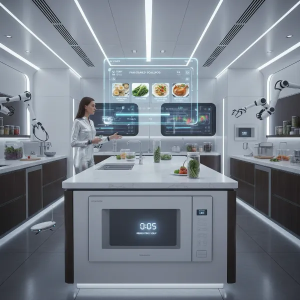 A sleek, modern kitchen with an integrated solid-state microwave oven and smart home technology.