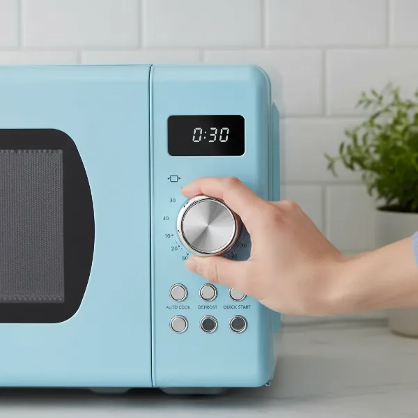 Close-up of a person setting the time on a Galanz Retro microwave's control dial.
