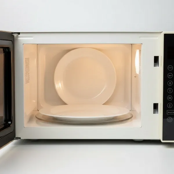 Haden Heritage Microwave interior with a standard dinner plate showing its compact but practical capacity.