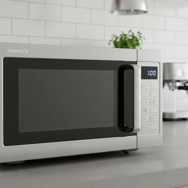Sleek Impecca modern digital countertop microwave with touchpad controls and LED display.