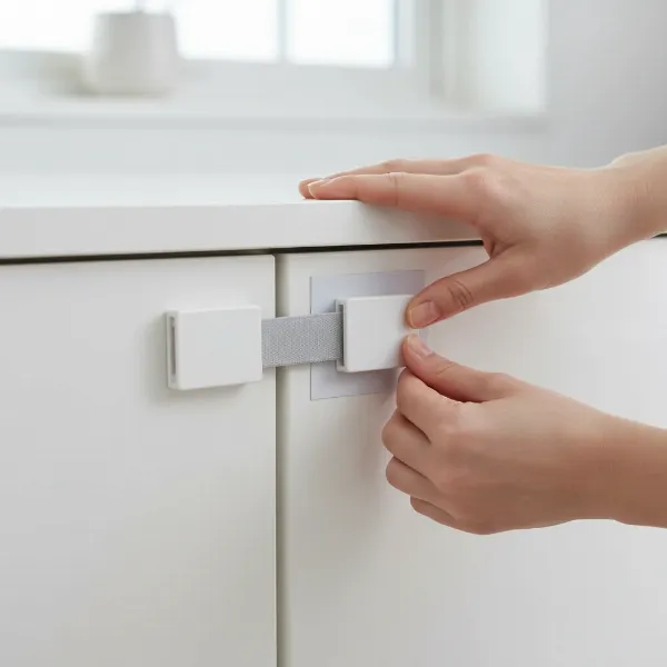 A close-up of a hand installing an adhesive strap child safety lock on a cabinet.
