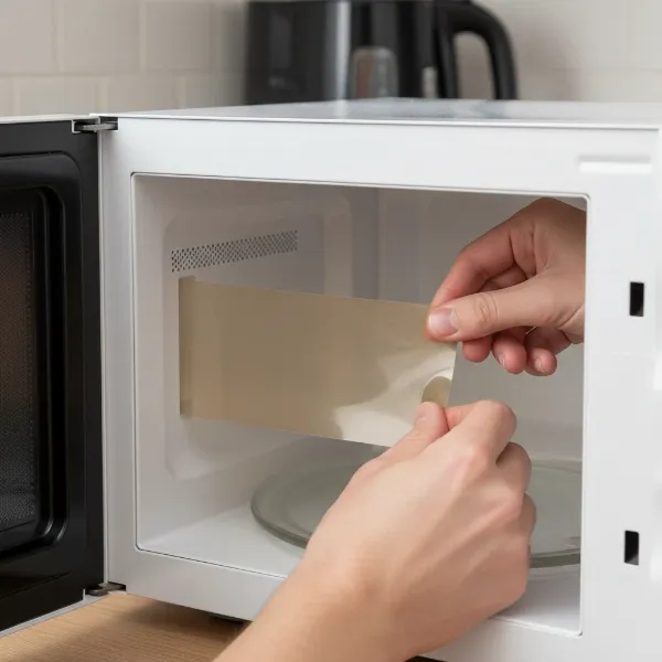 Hands carefully installing a new, clean mica sheet into a microwave oven's interior.