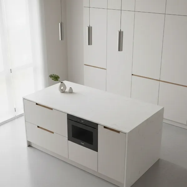 A modern kitchen with a sleek drawer microwave integrated into a white kitchen island.