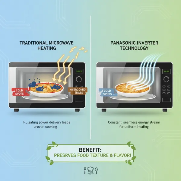 Diagram illustrating Panasonic Inverter Technology with continuous microwave power for even cooking results.
