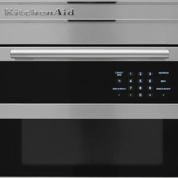 Close-up of a KitchenAid built-in convection microwave control panel and satin handle.