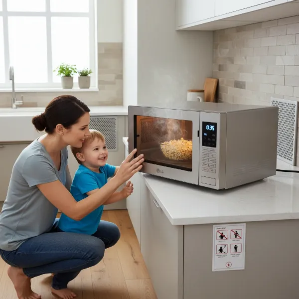 Family safely using LG NeoChef microwave, emphasizing child lock and proper placement