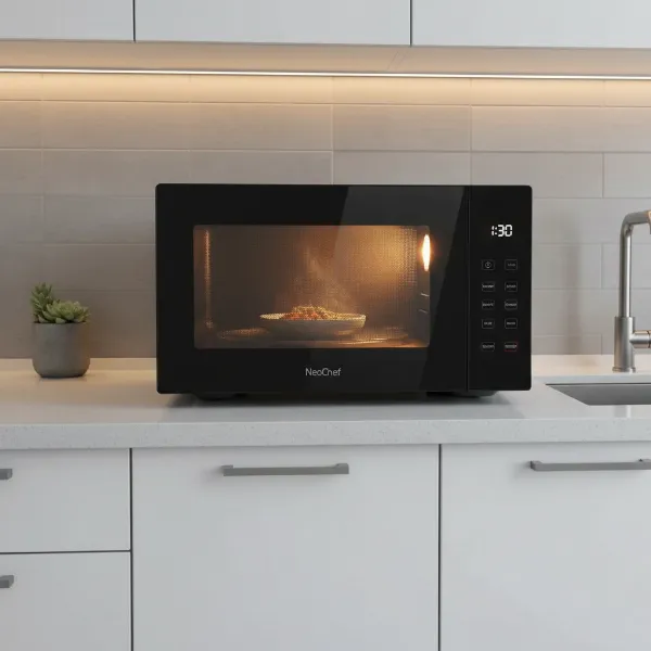 LG NeoChef microwave with Smart Inverter technology showing even heating, modern design