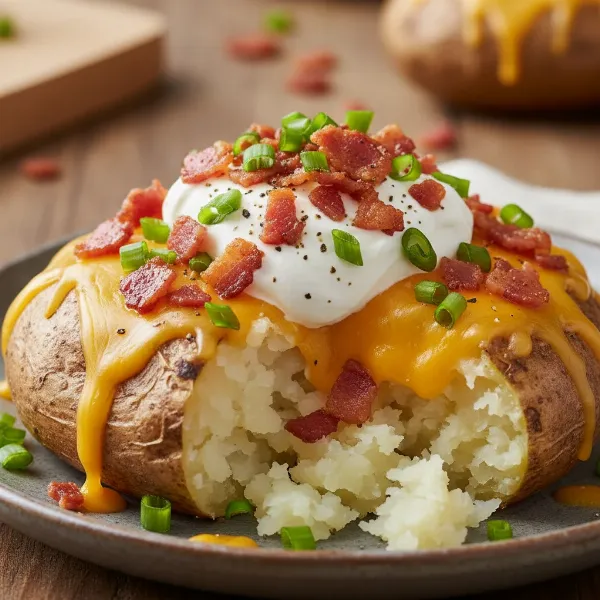 Delicious microwave baked potato with various savory toppings