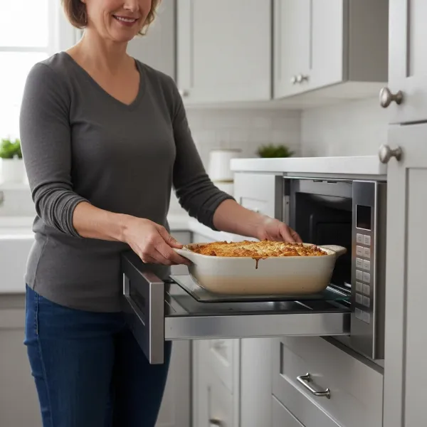 Person easily loading a large dish into an open Cafe microwave drawer.