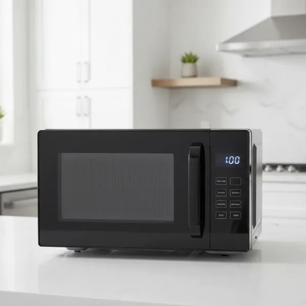 Compact Magic Chef microwave in black on a clean kitchen counter, highlighting space-saving design.