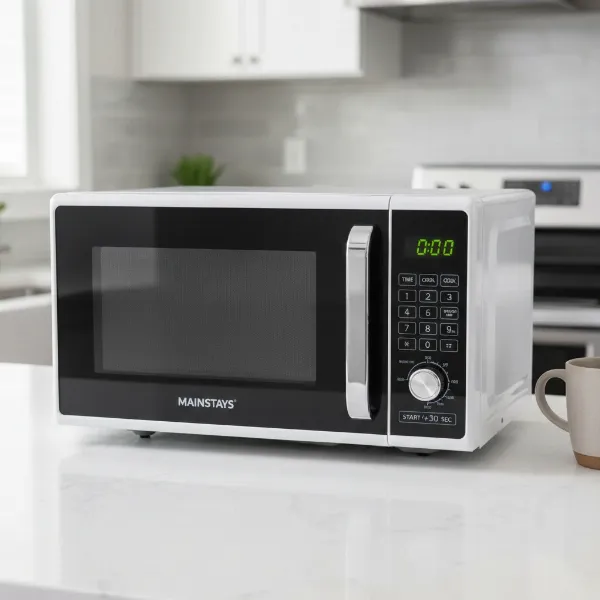 Mainstays microwave oven on a kitchen counter, showcasing common sizes and wattages.