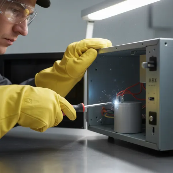 A person safely discharging a microwave capacitor with an insulated screwdriver, wearing gloves and goggles