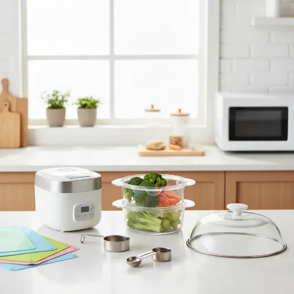 Variety of microwave cooking accessories improving efficiency and health.