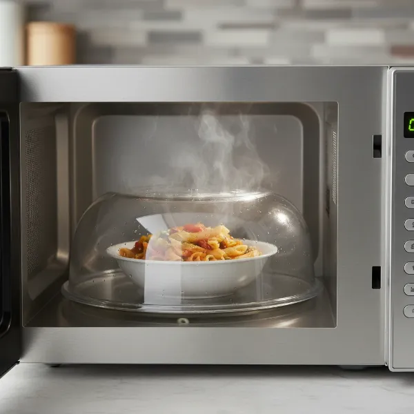 A microwave cover preventing food splatters and ensuring even heating inside a clean microwave