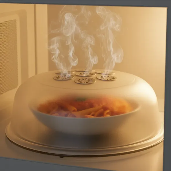 Close-up of a microwave cover with steam escaping through its ventilation holes