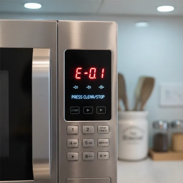 A microwave oven digital display showing a generic error code, indicating a problem with the appliance.
