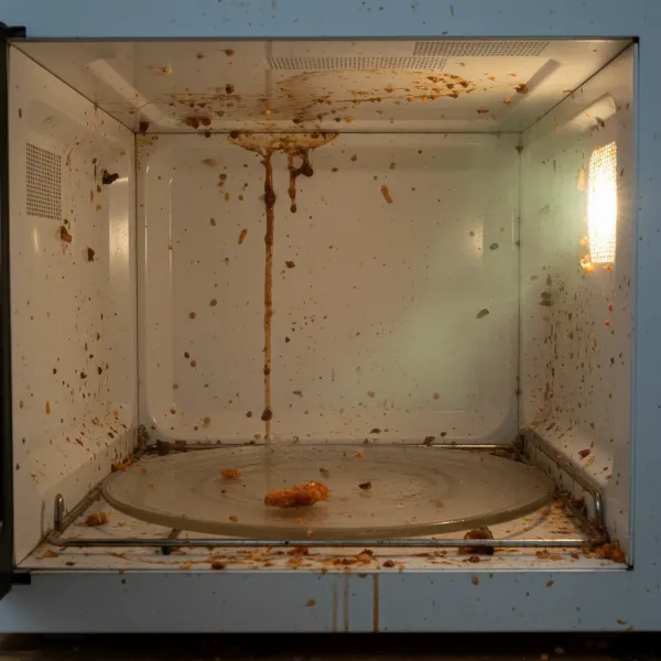 Microwave interior with food splatters causing unpleasant odors