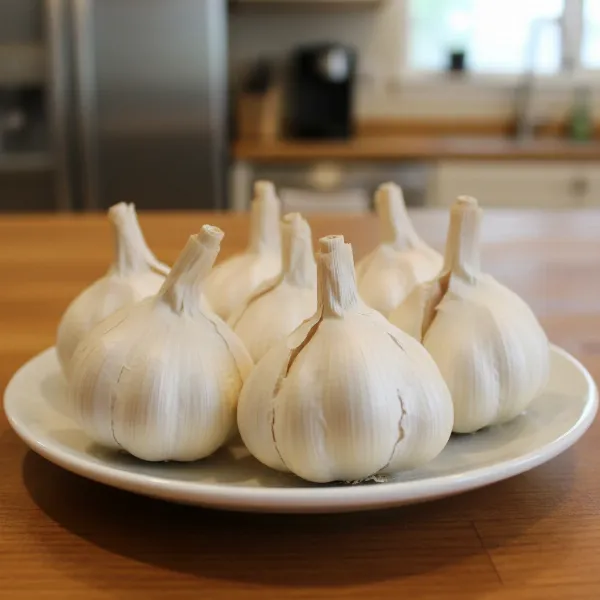 Close-up of garlic cloves with loosened skins after microwaving, ready for easy peeling.