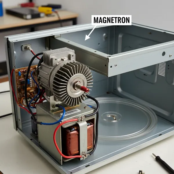 internal view of a microwave oven showing the magnetron and waveguide system