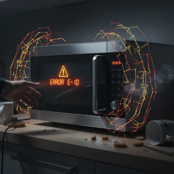 Microwave emitting a loud, abnormal buzzing sound with a warning symbol.