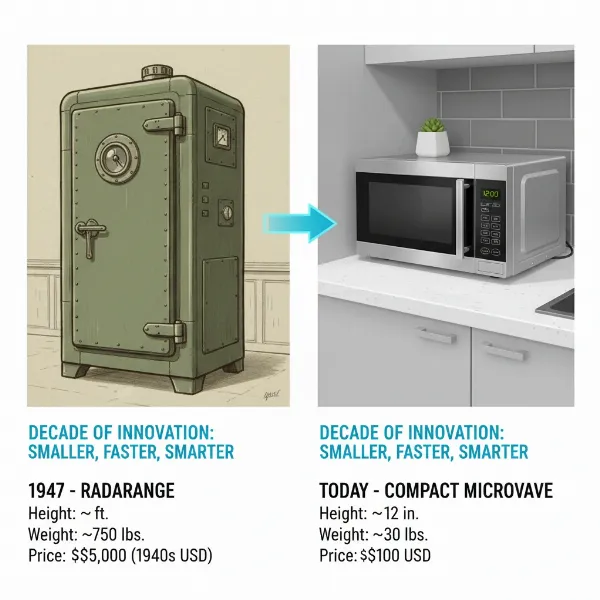 Comparison of early large microwave with a modern compact countertop microwave.