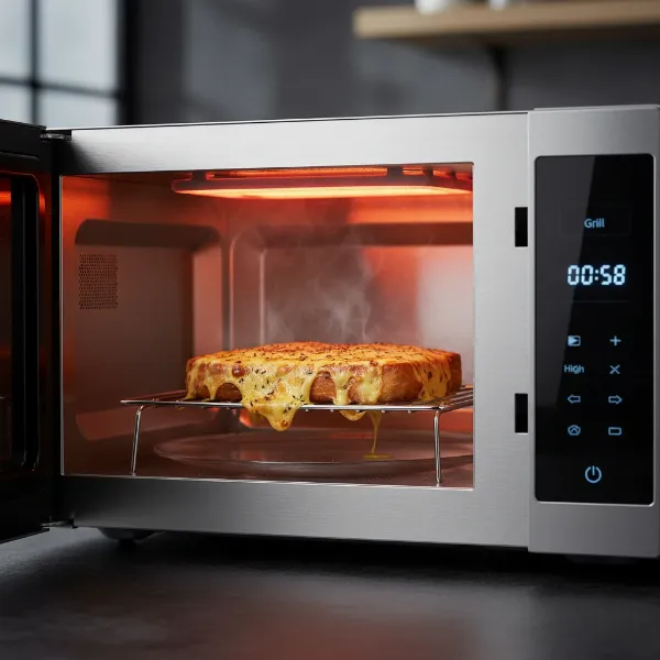 A microwave oven with an active grill element browning food, showcasing dual functionality.