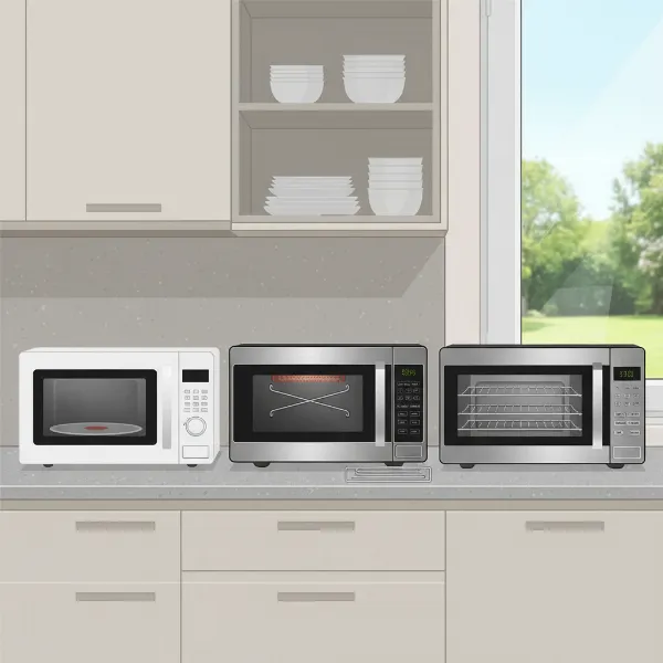 Different types of microwave ovens in a kitchen, showcasing solo, grill, and convection models.