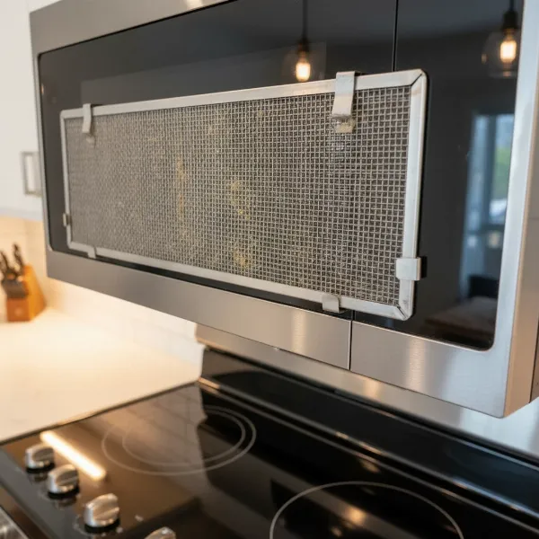 A close-up view of a metal mesh grease filter located on the underside of an over-the-range microwave.