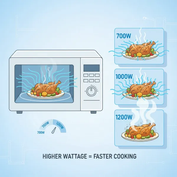 Illustration showing microwave energy cooking food, with wattage numbers like 700W, 1000W, 1200W.