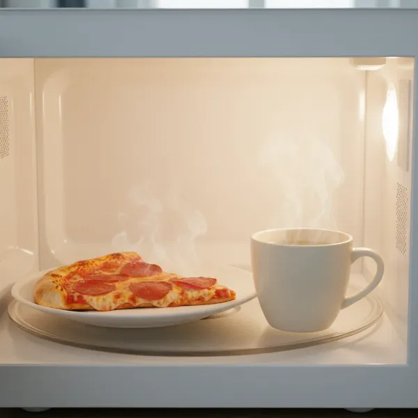 A pizza slice on a plate inside a microwave with a small mug of water next to it.