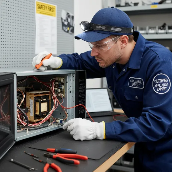 Professional appliance technician safely repairing a microwave with proper tools.