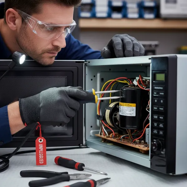 appliance technician safely working on a microwave's high-voltage components with safety gear