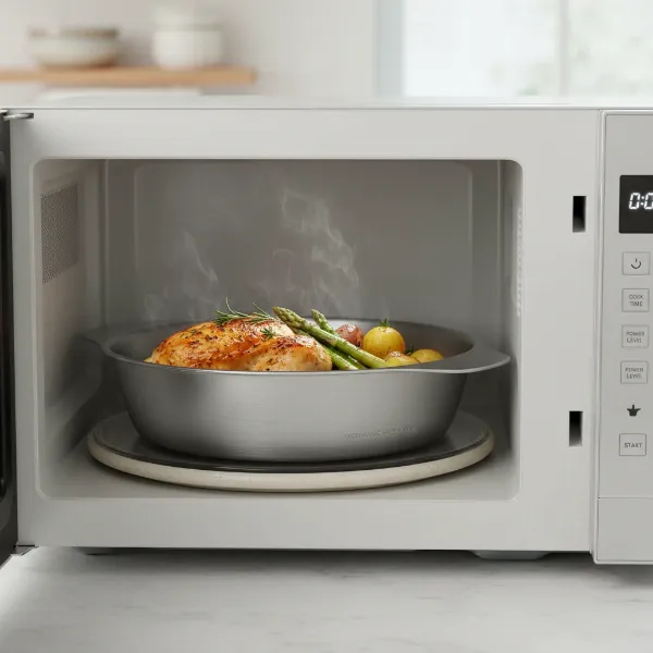 Microwave-safe metal container with smooth edges, holding food, illustrating safe metal use.