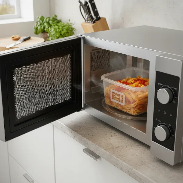 Plastic container with microwave-safe label in a microwave, illustrating potential chemical leaching into food.