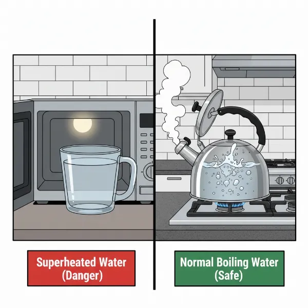 A clear glass mug of still, superheated water in a microwave, contrasting with a stovetop kettle boiling with visible bubbles.