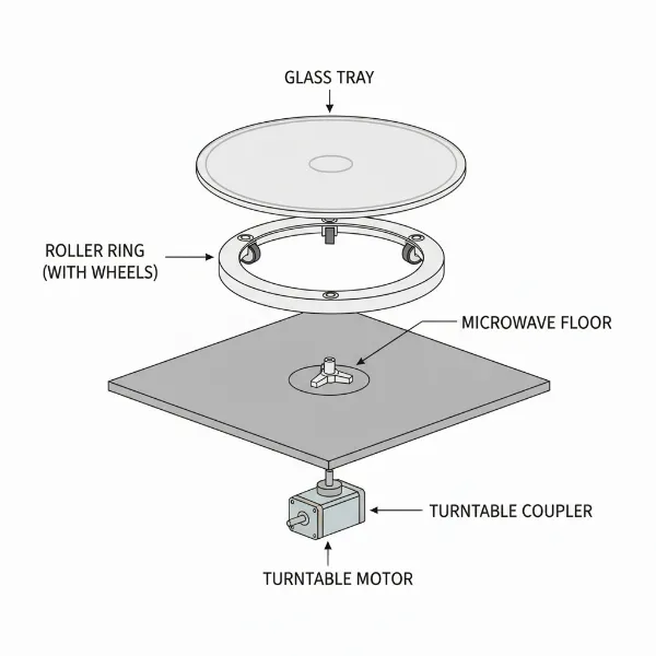Diagram of microwave turntable system components: glass tray, roller ring, coupler, and motor.