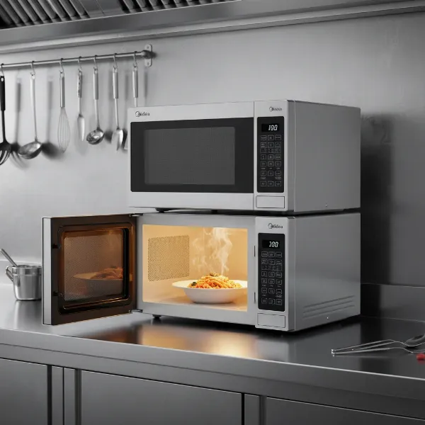 Two Midea commercial microwave ovens stacked, transparent door, interior light on, efficient kitchen space.