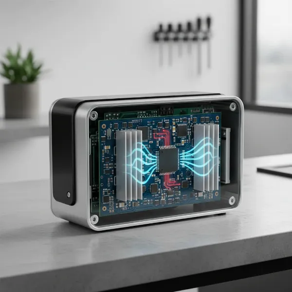 Visual representation of a compact, modern inverter unit, emphasizing its advanced electronics and efficient heat management.