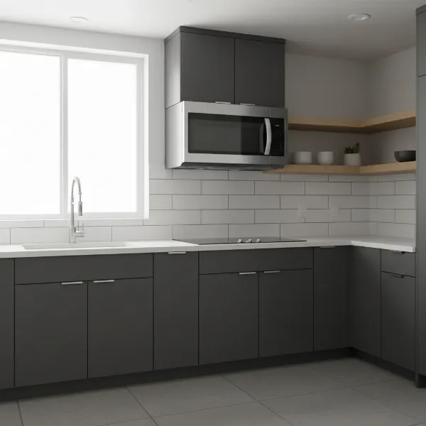 Modern kitchen with a sleek, fingerprint-resistant stainless steel over-the-range microwave