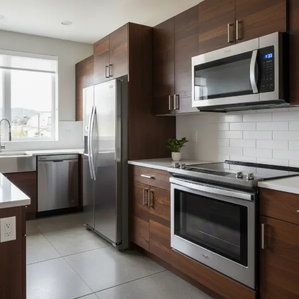 A modern kitchen featuring a sleek, built-in sensor microwave integrated seamlessly into the cabinetry.