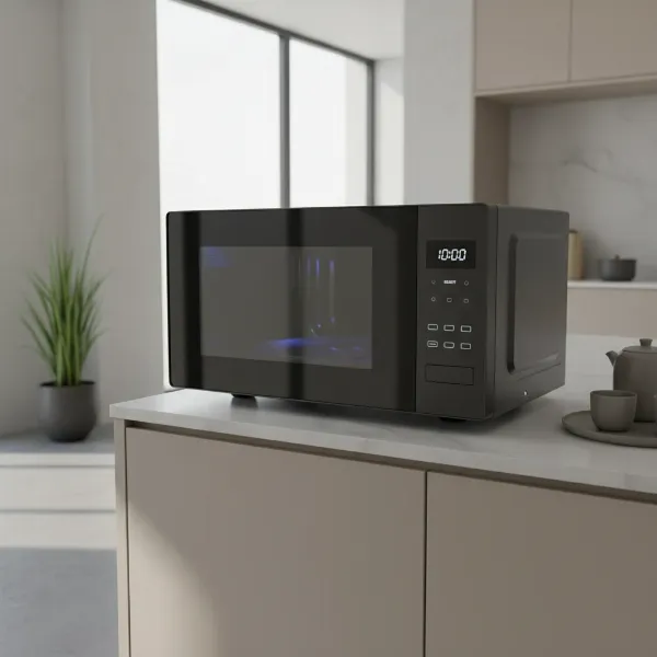 A sleek, modern microwave oven in a minimalist kitchen setting, emphasizing its quiet operation and design.